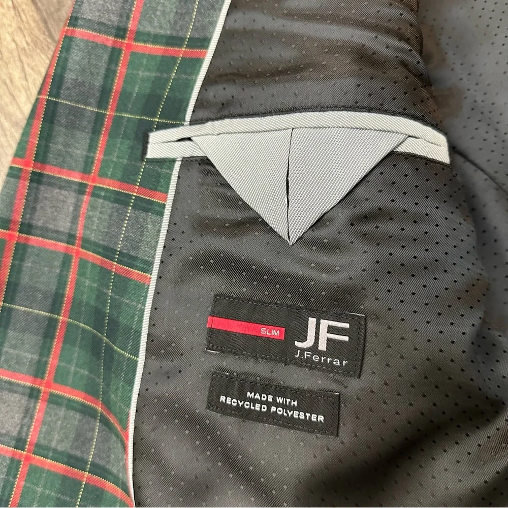 JF J Ferrar Sports Coat Slim Suit Jacket Men's XL 46/48 R Plaid Red Green